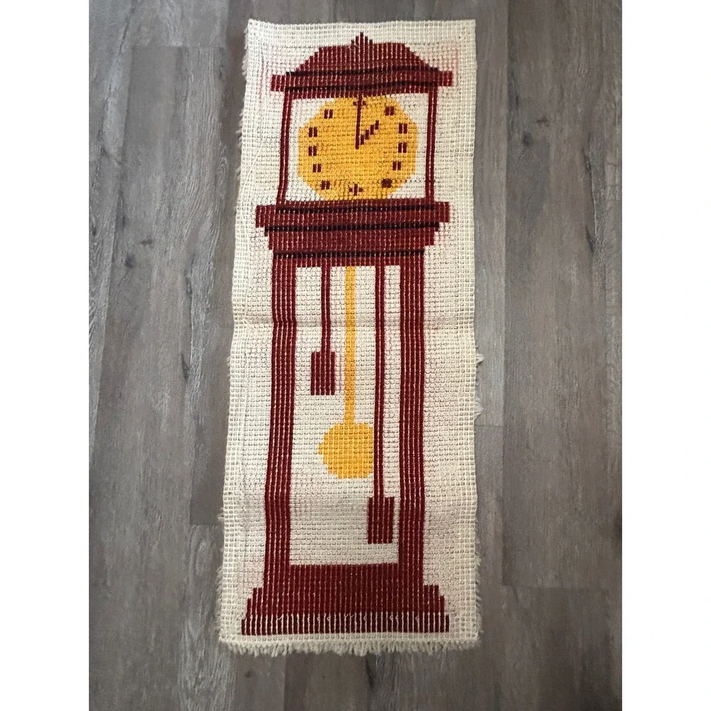 Vintage Contessa Grandfather Clock Latch Hook Rug Wall Hanging 14x36 70s Kitsch